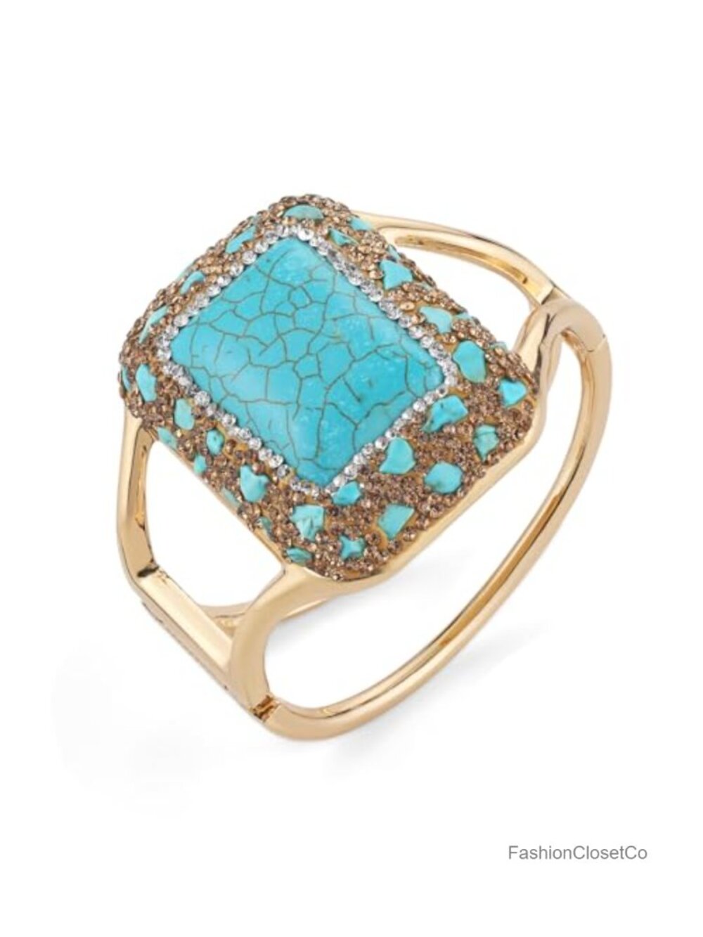 Chunky Gold Cuff Bracelet Hammered Wide Bangle Turquoise Stone Crystal Open